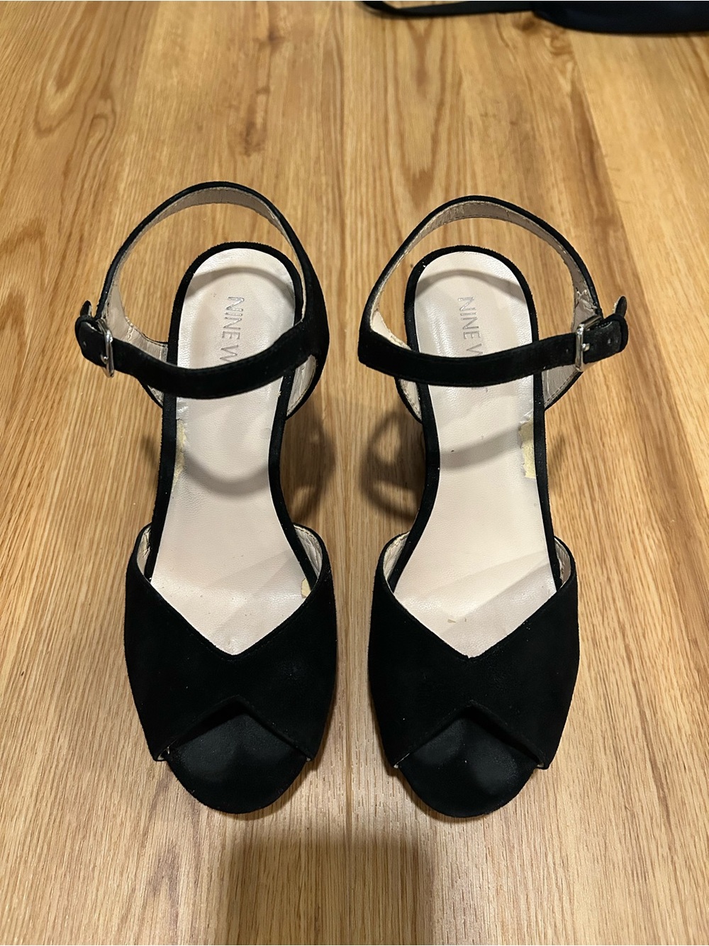 Nine West Black Suede Peep-Toe Ankle-Strap Heels. Size 6